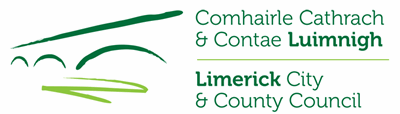 White logo with green writing saying Limerick City and County Council in both Irish and English